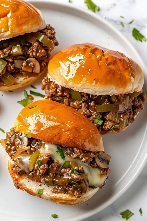 These Philly Cheesesteak Sloppy Joes Will Make You Weak in the Knees Cheesesteak Sloppy Joes, Sloppy Joe Sliders, Philly Cheesesteak Sloppy Joes, Philly Cheesesteak, Weak In The Knees, Sloppy Joe, Dinner Healthy, Think Food, Recipes Crockpot