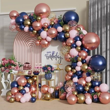 Party Supplies: Navy Blue, Rose Gold, Pink, and Confetti Latex Balloons - 140pcs Metallic Chrome Balloon Set for Birthdays and Events Pink Birthday Decorations, Pink Party Theme, Balloons For Birthday, Blue Birthday Parties, Simple Birthday Decorations, Gold Party Decorations, Birthday Party Theme Decorations, Rose Gold Party, Simple Birthday