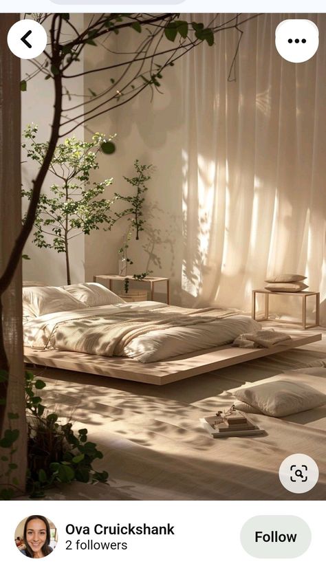 Interior Design Inspo Boho Bedroom Floor Bed, Beds Close To The Floor, Floor Bed Master, Japanese Floor Bed Aesthetic, Floor Bed Adult, Bedroom Bed On The Floor, Boho Floor Bed, Matress Ideas Floor Aesthetic, Floor Bed Bedroom