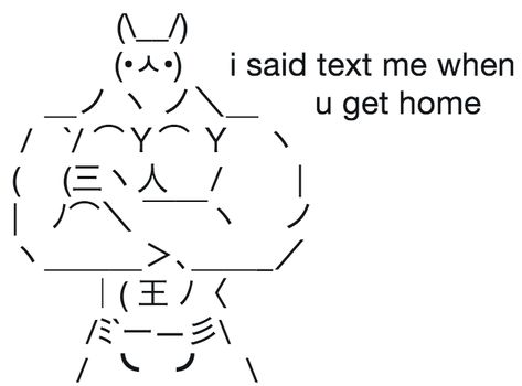 i said text me when you get home | Sign Bunny | Know Your Meme Text Me When You Get Home Quotes, Text Pictures Art, I Said Text Me When You Get Home, Wholesome Texts, Text When You Get Home, Me And U Pictures, How To Make A Bunny In Text, Cute Emoticon Text, Text Emojis