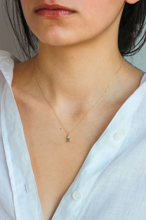 Dainty Aquamarine Necklace, Aquamarine Necklace Pendant, Gold Gemstone Necklace, Solid Necklace, Autumn Street, Baguette Necklace, Silver Necklace Simple, Tiny Necklace, Delicate Gold Necklace