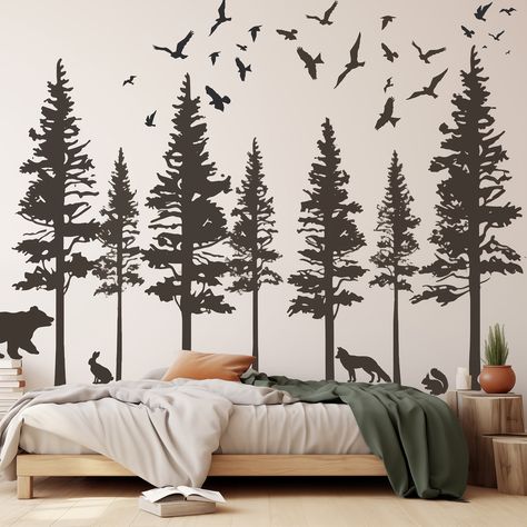 Tree Accent Wall Nursery, Painted Pine Trees On The Wall, Tree Theme Nursery, Wood Themed Nursery, Boys Woodland Bedroom, Woodland Nursery Wall, Forest Animal Nursery, Vinyl Wall Decor, Removable Wall Art