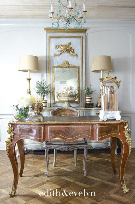 French Style Desk, French Library, French Study, French Office, French Inspired Decor, Office Redo, French Style Decor, Country Office, French Inspired Home