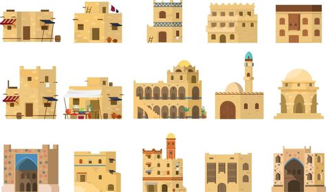 Flat Vector Set Of Authentic Traditional Arabian Mud Brick Houses. Islamic Architecture. Isolated On White. Mud Brick, Saudi Arabia Culture, Brick Houses, Science Signs, House Vector, House Drawing, Travel Brochure, Real Estate Flyers, Flat Vector