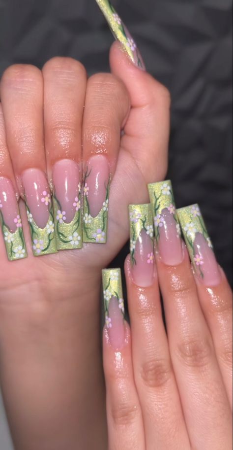 Light Green Nails With Pink Flowers, Enchanted Forest Acrylic Nails, Tiana Nails Acrylic, Fairy Nails Acrylic Green, Pink And Dark Green Nails, Back To School Nails Green, Sage Green Butterfly Nails, Enchanted Forest Theme Nails, Pink And Green Acrylic Nails