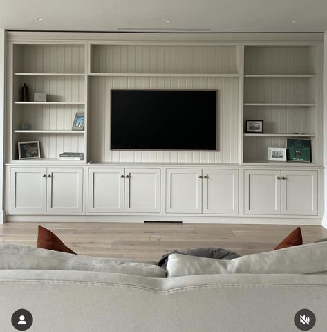 Library Around Tv, Floor To Ceiling Tv Unit, Storage Wall Tv, Diy Media Wall Built Ins, Long Media Wall, Basement Tv Built In, Living Room Tv Wall Built Ins, Tv Wall Built In, Entertainment Center Built In