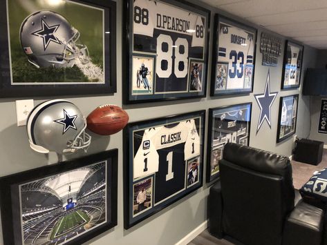 Dallas Cowboy Man Cave Ideas, Framed Jerseys On Wall Ideas, Sports Tv Room, Framed Jerseys On Wall, Cowboys Man Cave Ideas, Football Man Cave Ideas, Dallas Cowboys Man Cave Ideas, Sports Garage, Rich Office