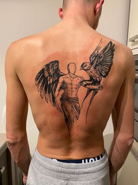 PHOTO VIA PINTEREST back, tattoos, for, men, guys, text, awesome, angel, lyric, tribal design, dragon, unique, creative, small Wing Tattoo On Shoulder, Thigh Tattoo Men, Rib Tattoos For Guys, Upper Thigh Tattoos, Wing Tattoo Men, Tattoo Ideas Inspiration, Bird Tattoo Men, Nape Tattoo, Spine Tattoo Ideas