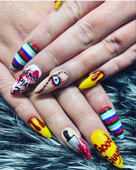 Chuky Doll Nails Designs, Chucky Nails Simple, Jigsaw Nail Art, Childs Play Nails, Chucky Nails Short, Chucky Themed Nails, Chucky Nail Designs, Chuckie Nails, Halloween Nails Jason