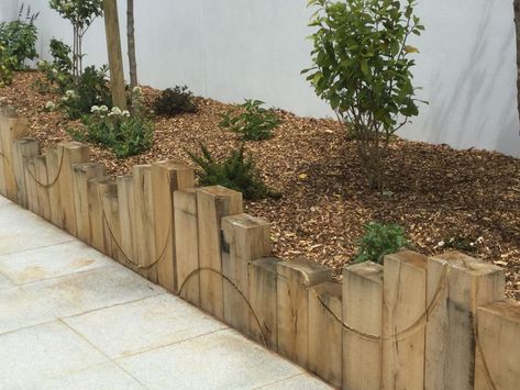 Routed railway sleeper retaining wall Sleeper Retaining Wall, Sleepers In Garden, Garden Dividers, Garden Retaining Wall, Railway Sleepers, Landscaping Retaining Walls, Front Garden Design, Back Garden Design, Cottage Garden Design