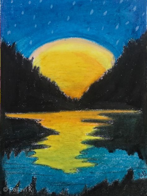 Landscape With Crayons, Easy Landscape Pictures To Paint, Color Pencil Art Landscape Easy, Oil Pastel Art For Beginners Landscape, Oil Pastel Easy Art, Oil Pastel Landscape Easy, Colouring Pencil Art, Drawing Ideas Oil Pastels, Easy Crayon Drawing