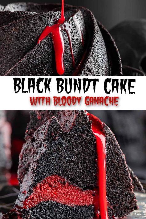 This frighteningly eery Black Halloween Bundt Cake with Blood Red Ganache will be a hit at your next Halloween party! It is the perfect balance between luscious and seductive that it will bring a smile to even the meanest of the ghouls and goblins! #halloweencake #scaryhalloweenfood #halloweendesserts Black Bottom Bundt Cake, Halloween Bundt Cake Ideas, Halloween Bunt Cake Ideas, Black Cake Halloween, Easy Halloween Bundt Cake, Halloween Bundt Cake, The Spookiest Black Velvet Cake, Spooky Black Velvet Halloween Cake, Holloween Cake