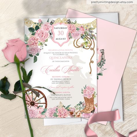 Pink Blush Charro Quinceañera Invitation, Pink Rose Western Birthday, Pink Charra Western Quinceanera Template, Country Ranch Quince V3 Country Quince, Rustic Quinceanera, Quince Decor, Pink Quinceanera, Quinceañera Invitation, Invitations Quinceanera, Quincenera Dresses, Quinceañera Invitations, Pink Quince