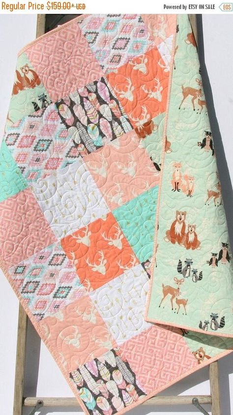 Sale Rustic Baby Quilt Girl Crib Bedding Deer Blanket Gold Woodland Baby Quilt Girl, Rustic Girl Nursery, Woodland Baby Girl, Deer Blanket, Mint Nursery, Easy Baby Blanket, Crib Bedding Girl, Long Arm Quilting Machine, Deer Buck