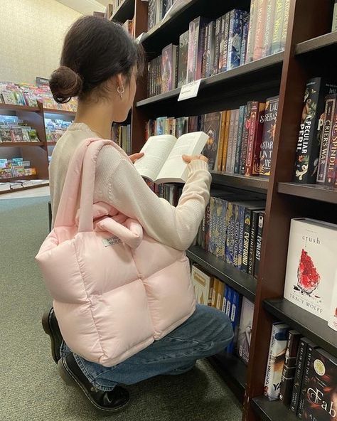 A Book, A Woman, Puffer, Tote Bag, Reading, Pink