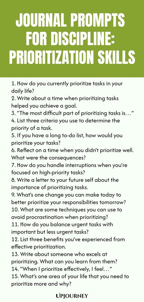 Enhance your prioritization skills with these insightful journal prompts for discipline. Use these prompts to remain focused, organized, and achieve your goals effectively. Journaling is a powerful tool that can help you structure your day, make decisions confidently, and increase productivity. Explore these prompts regularly to cultivate discipline in all areas of your life and prioritize what truly matters. Your journey to better time management and self-discipline begins with consistent refle Journal Thoughts, Better Time Management, Work Etiquette, Life Skills Kids, Psychology Terms, Relationship Quizzes, Journal Questions, Happiness Journal, Friendship And Dating