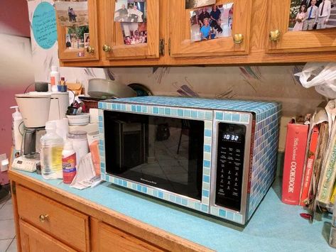 Painted Microwave, Small Kitchen Makeover, Beadboard Kitchen Cabinets, Peel And Stick Mosaic Tile, Faux Brick Backsplash, Diy Beadboard, Beadboard Kitchen, Faux Brick Panels, Old Refrigerator