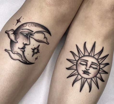 Sun And Moon Tattoo Matching Traditional, Old School Sun And Moon Tattoo, American Traditional Sun Tattoo Black, Sun And Moon Tattoo Above Knee, Sun And Moon Neo Traditional, American Traditional Tattoos Sun And Moon, Sun Moon Tattoo Traditional, American Tradition Moon Tattoo, Old School Matching Tattoos