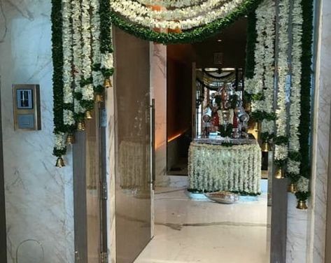 myweddingplanners on Etsy Diwali Decorations At Home Entrance Door, Main Door Flower Decoration Indian, House Warming Decorations Indian Simple, Pellikuturu Decor, Ganpati 2023, Indian Backdrop, Mogra Flower, Jasmine Garland, Door Flower Decoration