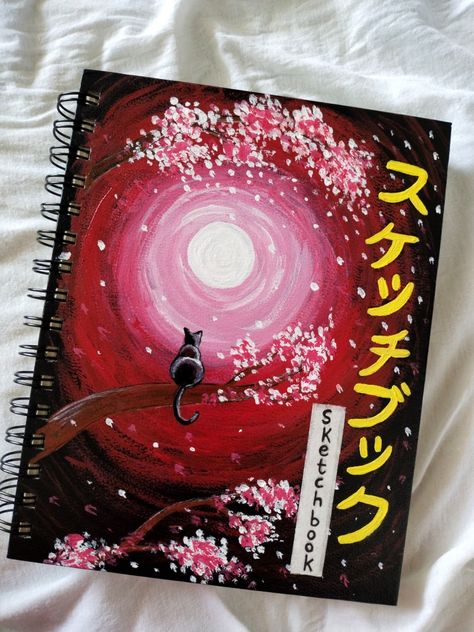 I paint my sketchbook cover from acrylic paint and it's turn out so pretty 💫 Night scene with cat looks perfect Japanese style painting 🖌️ #painting #sketchbool #acrylicpainting #art #drawing #japaneseart #catart #moonpainting #coverpainting #diycover Artbook Front Cover Ideas, Sketchbook Painted Cover, Anime Sketchbook Cover, Sketchbook Cover Painting Ideas, Sketchbook Page Layout Ideas, Sketchbook Cover Drawing, Paint Sketchbook Cover, Painting On Sketchbook Cover, Painted Sketchbook Cover Ideas