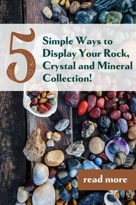 Picture of collected stones and tumbled rocks on a table. Larger sea shells and crystal bowls act as display dishes for a variety of multi-colored agates and stones. Rock Storage Display, Ideas For Rock Collection, Diy Rock Decor Ideas, Creative Ways To Display Rock Collection, Ideas For Displaying Rocks, How To Display Small Crystals, How To Display Rocks Outside, How To Display A Rock Collection, Display Rock Collection Ideas