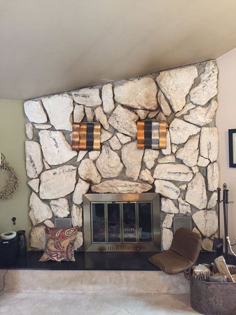 Stone fireplace- anyone know how to clean this? Painting Bricks, Fireplace Cleaning, White Stone Fireplaces, Stacked Stone Fireplace, Corner Gas Fireplace, Austin Stone, Stacked Stone Fireplaces, Clean Fireplace, York Stone