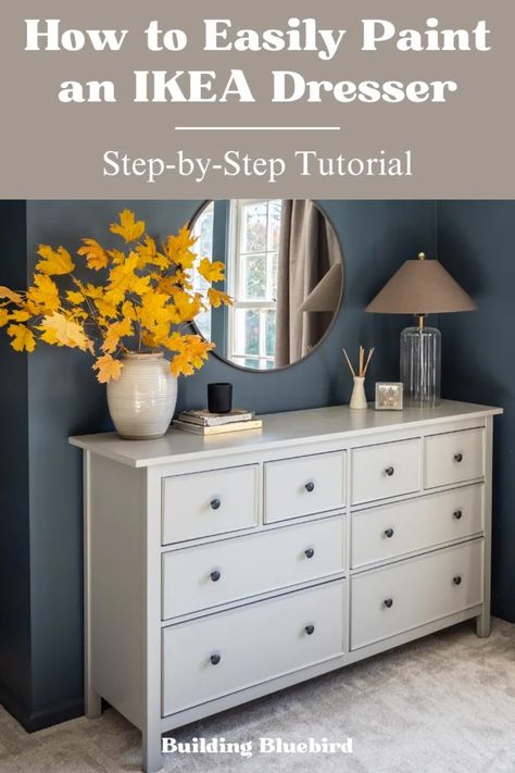 How to Paint an IKEA Dresser with Laminate Wood - Building Bluebird Ikea Dresser Painting Ideas, Repainting Ikea Dresser, How To Paint Ikea Hemnes Dresser, How To Paint A Dresser, Paint Ikea Dresser, Painting Ikea Dresser, How To Paint Ikea Furniture, Painted Ikea Furniture, Paint Ikea Furniture