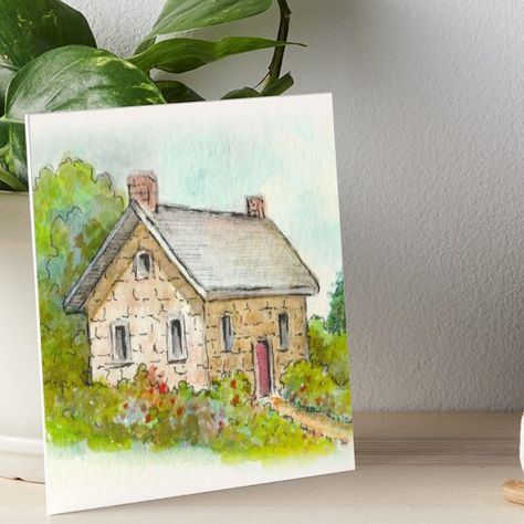 Professionally printed on firm, textured mat boards perfect for desks and shelves. Supplied with 3M velcro dots to easily affix to walls. Available in standard sizes. This is my watercolour painting of a charming little stone cottage surrounded by greenery. Watercolour Cottage, Watercolour House Painting, Cottage Watercolor, Watercolour House, Landscape Sketches, Watercolor House Painting, Pen And Wash, Art Village, Landscape Sketch