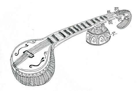 Veena Tattoo, Musical Instruments Mehndi Designs, Veena Drawing, Veena Instrument Drawing, Sitar Instrument Drawing, Indian Musical Instruments Drawing, Music Instruments Pencil Drawing, Outline Images, Sketches Easy