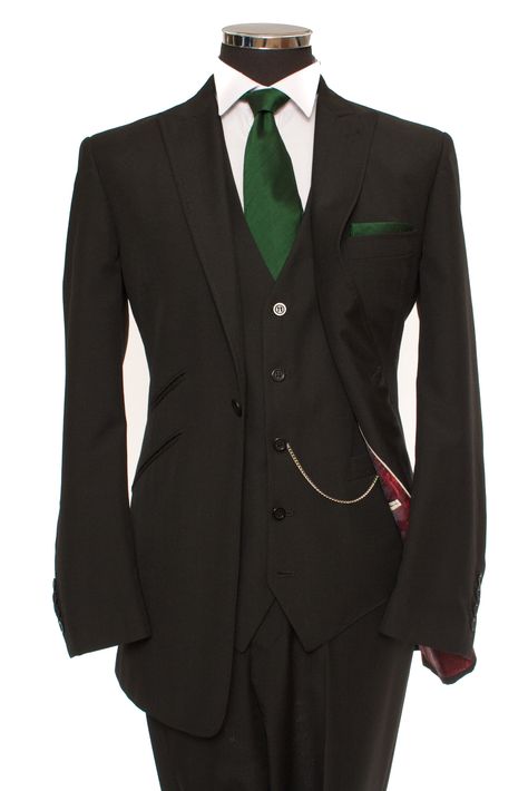 Exclusive Classic black 3 piece lounge suit. Very elegant for any groom getting married. Dressed here with our Laural green silk tie and hanky.   www.hughhharris.co.uk Groom Black Suit Green Tie, Green And Black Suit Men, Black Suit Green Accents, Suit With Emerald Green Tie, Black Suit With Green Accents, Black And Green Suit Men, Black Suit With Green Tie, Louis Agreste, Black Suit Green Tie