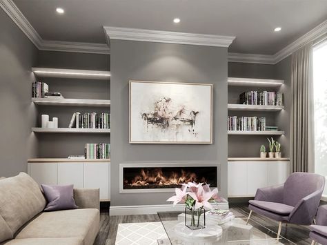 Floating shelves either side of fireplace | BOOKCASES AND STORAGE Fireplace Tv Unit, Fireplace Mount, Living Room Ideas With Tv, Style Tv Unit, Mount Tv Stand, Room Ideas With Tv, Shelves Around Fireplace, Best Living Room Ideas, Wall Units With Fireplace