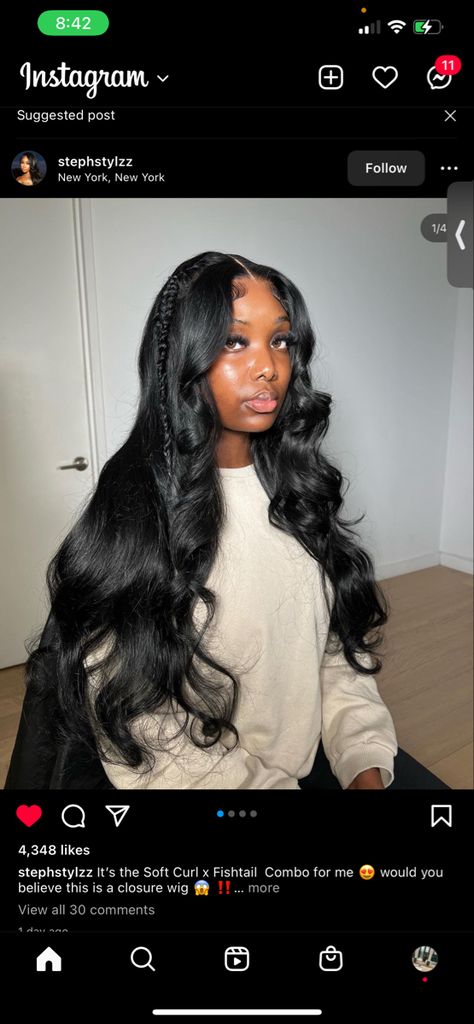 Middle Part Curls With Fishtail, Fishtail Middle Part, Middle Part Weave With Fishtail Braid, Fishtail Black Women, Closure Hairstyles Middle Part, Wig Hairstyles Fishtail, Middle Part With Curls And Fishtail, Closure Wig Install Middle Part, Middle Part Wig Black Women Curls