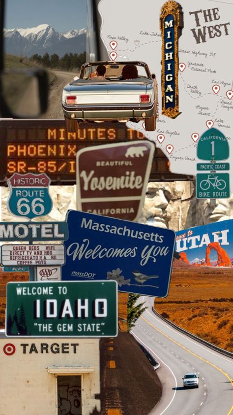 Get inspired to hit the open road with this wanderlust-inducing collage, perfect for anyone dreaming of a cross-country adventure. From the breathtaking mountain views and iconic Route 66 motels to signs welcoming you to vibrant states like Utah and Massachusetts, this aesthetic captures the magic of the classic American road trip. Explore famous landmarks, scenic highways, and hidden gems, all while feeling the nostalgia of cruising down the Pacific Coast Highway or discovering quirky roadside attractions. Save this for your ultimate travel bucket list or for planning your next epic journey across the america Car Themed Wedding, Pacific Coast Highway Road Trip, Road Trip Across America, Route 66 Road Trip, Cross Country Road Trip, Bike Route, American Road, American Road Trip, Summer Plans