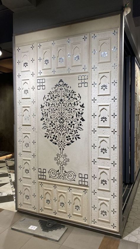 Lippan Art On Door, Lippan Art Mandir, Mandir Wall Designs, Stairs Side Wall Design, Thikri Art, Mandir Back Wall Design, Wooden Partition Wall, Door Design Exterior, Wooden Door Ideas