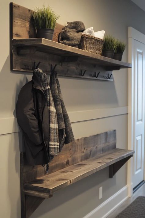 "Transform your entryway with a DIY Rustic Coat Rack featuring floating shelves! 🛠️🧥 Perfect for adding storage and style. #RusticDecor #DIYProjects #CoatRackIdeas" Rustic Farmhouse Shelves, Entryway Ideas Rustic, Diy Rustic Coat Rack, Barn Wood Shelves, Wood Shelves Living Room, Adding Storage, Barnwood Shelves, Mudroom Laundry, Rustic Coat Rack