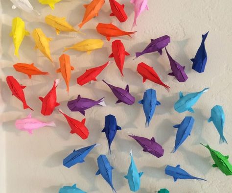 Wall of Rainbow Koi Origami Návody, Diy Paper Art, Hanging Crafts, Wall Art Tutorial, Tutorial Origami, Baby Mobil, Origami Fish, Origami And Kirigami, Folding Origami