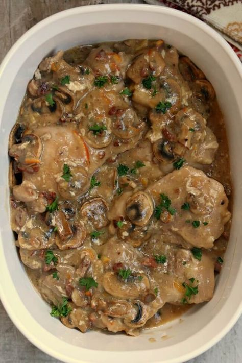 Slow Cooker Toasted Pecan Chicken with Mushrooms--an easy crockpot recipe for a fancy chicken dinner that's loaded with sliced mushrooms and chopped toasted pecans. Toasted Pecan Chicken Skillet 12 Tomatoes, Chicken With Mushrooms, Chicken Crockpot Recipes Easy, Pecan Chicken, Chicken Skillet, Turkey Breast Recipe, Chicken Crockpot, Crockpot Recipe, 12 Tomatoes