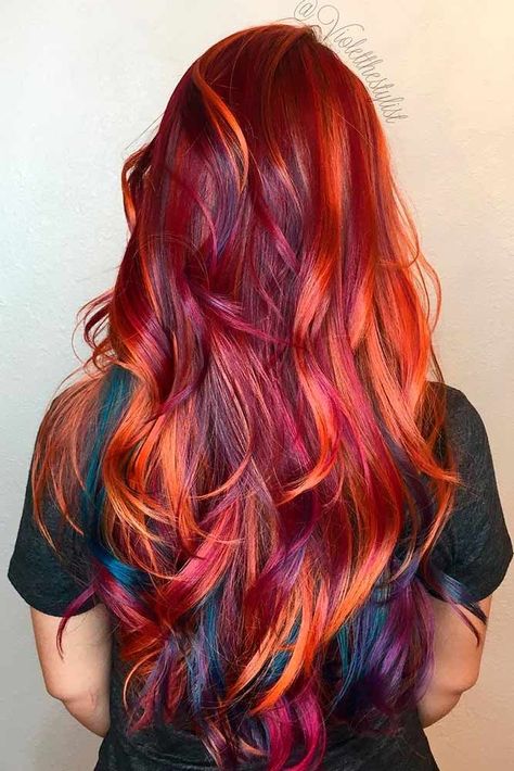 Sunset Hair, Vivid Hair Color, Creative Hair Color, Too Hot To Handle, Bright Hair, Hair Red, Hair Color Pink, Hair Color Highlights, Haircut And Color