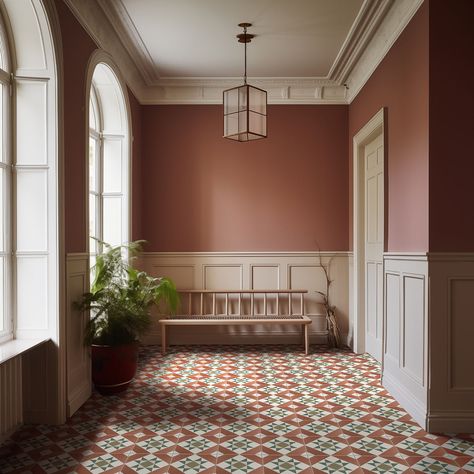 Red Victorian Bathroom, Edwardian Style Bathroom, Victorian Entrance Tiles, Red And White Tiles, Victorian Tiled Floor, Check Kitchen Floor, Victorian Bathroom Floor Tiles, Tiled Entrance Hall, Red Bathroom Tiles