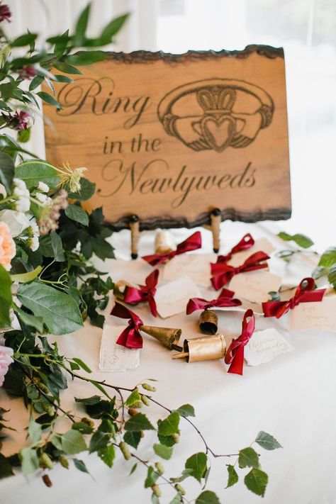 Irish wedding bells, ring in the newlyweds, wedding reception entrance, unique wedding ideas #weddingsigns #weddingreception Irish Wedding Bells, Elope Ireland, Irish Wedding Decor, Irish Wedding Ideas, Traditional Irish Wedding, Irish Wedding Favors, Handfasting Ideas, Irish Themed Weddings, Irish Wedding Venues