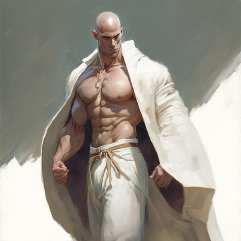 Bald Warrior Fantasy Art, Fantasy Bald Male, Dnd Character Portraits Male Human, Bald Character Design Male, Muscle Wizard, Bald Character Design, Bald Warrior, Monk Rpg, People Drawing Ideas