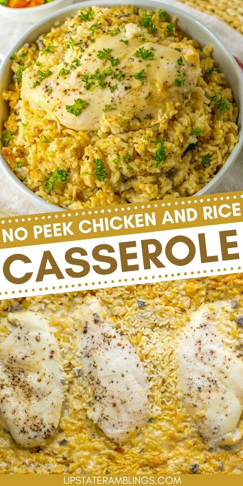 No Peek Chicken and Rice Casserole Chicken And Rice Pilaf Casserole, Chicken And Wild Rice Casserole Crockpot, Chicken And Rice Recipes With Cream Of Chicken, Country Supper Ideas, Chicken Ranch Rice Casserole, Rice Chicken One Pot, No Peeking Chicken And Rice, Easy One Pan Casserole, Chicken And Rice No Peek