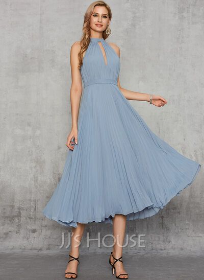 [US$ 102.00] A-Line Halter Tea-Length Chiffon Evening Dress (017235883) Light Blue Dress Outfit, Steel Blue Bridesmaid Dresses, Hold Back The River, Light Blue Midi Dress, Tea Length Cocktail Dresses, Blue Dress Outfits, Dusty Blue Dress, Vintage Dress Blue, Tea Length Bridesmaid Dresses