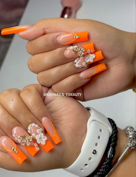 Orange Acrylic Nails, Prom Nails Silver, Gold Acrylic Nails, Flowers Glitter, Long Acrylic Nail Designs, Lavender Nails, Winter Nails Acrylic, Nail Jewels, Nails Design With Rhinestones