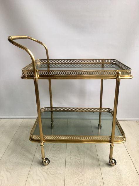 Vintage French Brass Drinks Trolley Vintage Drinks Trolley, Vintage French Furniture, Vintage Bar Cart, Vintage Drinks, Living Room Plan, East Grinstead, Mid Century Aesthetic, Drinks Trolley, Second Hand Furniture