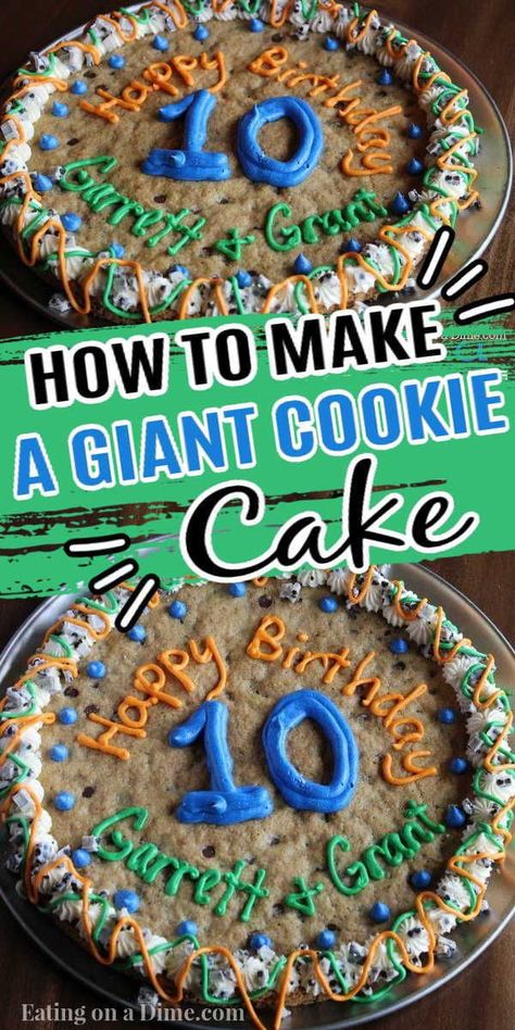 Oatmeal Cookie Cake Giant, Birthday Chocolate Chip Cookie Cake, Cookie Cake From Package, Giant Birthday Cookies Decorated, Chocolate Cookie Cake Birthday, Chocolate Chip Cookie Sheet Cake, Diy Cookie Cake Birthdays, Easy Diy Cookie Cake, Icing For A Cookie Cake