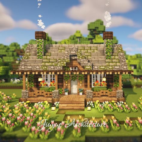 House With Porch Minecraft, Minecraft House Porch, Cottage Core Minecraft House Vanilla, Minecraft Porch Ideas, Minecraft Porch, Minecraft House Ideas Easy, Cottagecore House Minecraft, Aesthetic Minecraft House, Cottagecore Minecraft House