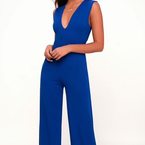 Comfortable Fitted Royal Blue Jumpsuit With Criss Cross Back Blue Pantsuit, Royal Blue Jumpsuit, Lulus Jumpsuit, Royal Blue Romper, Black Halter Jumpsuit, Midi Jumpsuit, Lulu Pants, White Lace Romper, Formal Jumpsuit