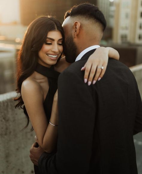 Couple Photoshoot In Black Outfit, E Shoot Ideas, Engagement Photos Picking Her Up, Black Engagement Photoshoot, Engagement Photo Black Dress, Restaurant Photoshoot Ideas Couple, Modern Couples Photoshoot, Engagement Photoshoot Classy, Amalfi Photoshoot