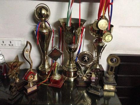 Throwback Cricket !  Trophies and medal collection 😍 Trophy Aesthetic, Cricket Trophy, Medals And Trophies, Medal Collection, Boxer Aesthetic, Surviving Summer, High Achiever, Trophy Collection, Bollywood Music Videos